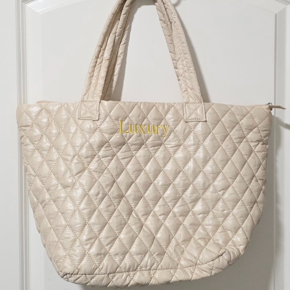 Puffy Quilted Nylon Tote - Cream and Gold
